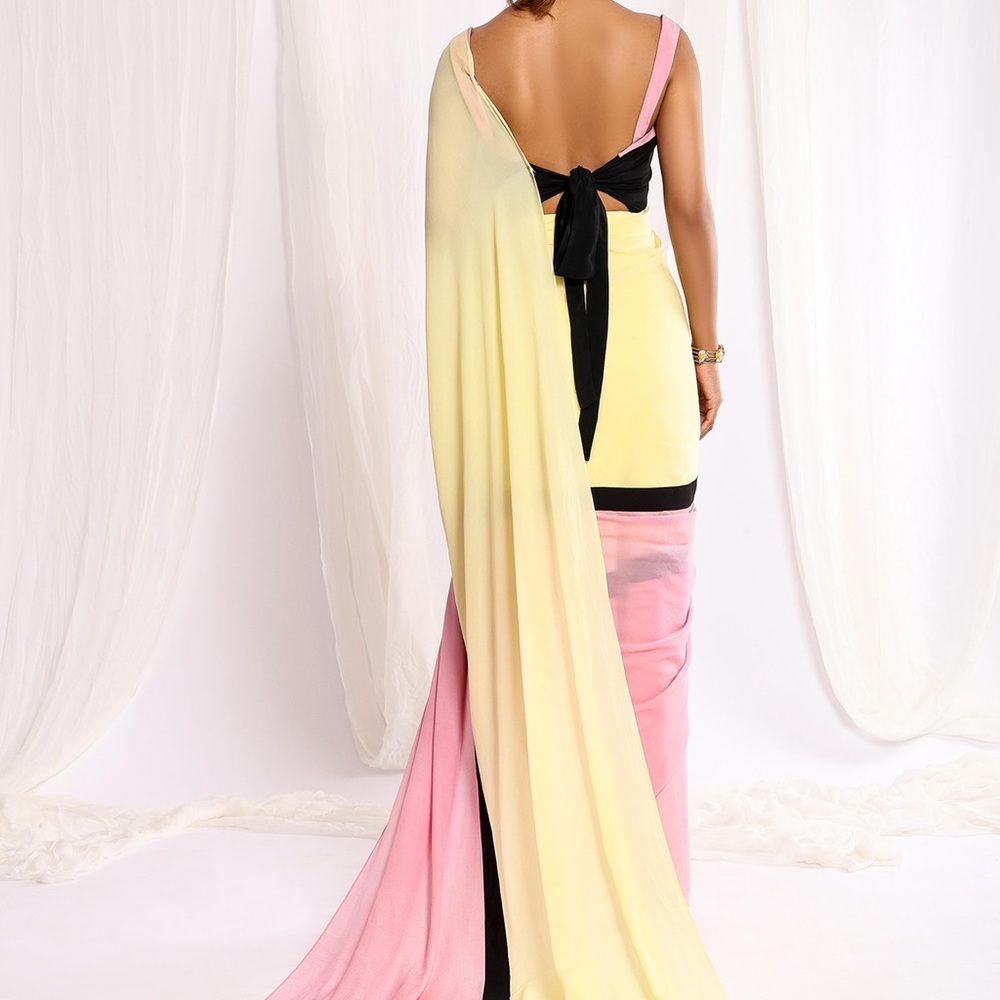 Yellow Crepe Sweetheart Neck Color Block Pre-draped Saree With Blouse
